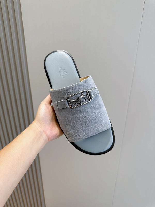 HM SILVER BUCKLE SLIPPERS CERULEAN SUEDE