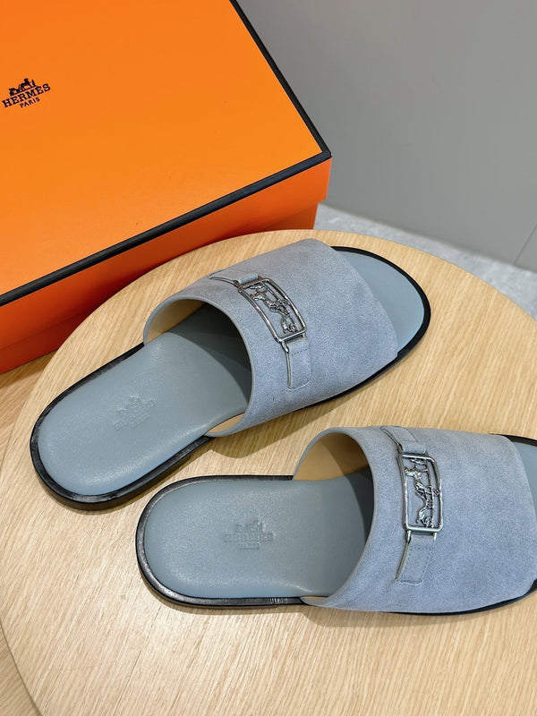 HM SILVER BUCKLE SLIPPERS CERULEAN SUEDE