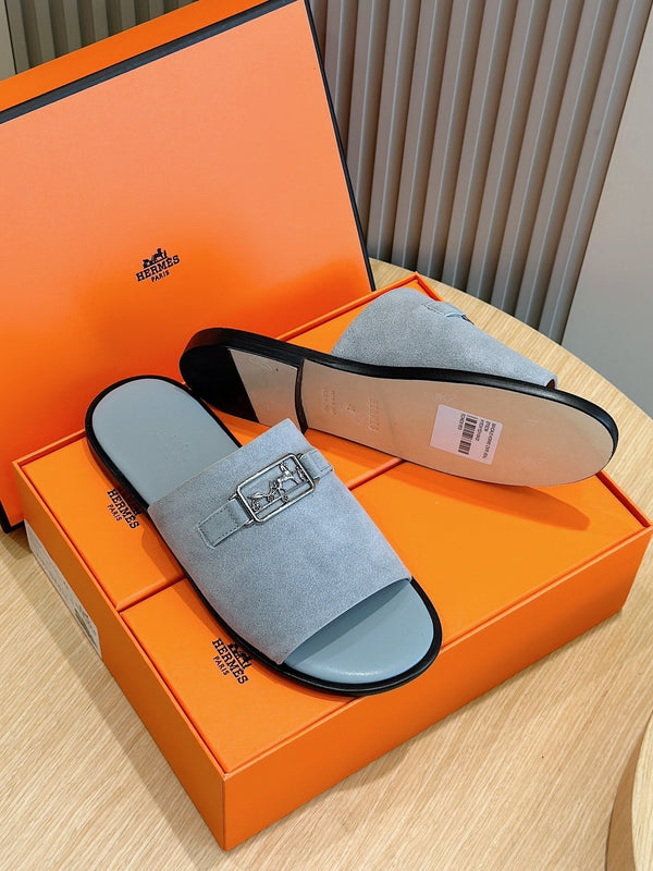 HM SILVER BUCKLE SLIPPERS CERULEAN SUEDE