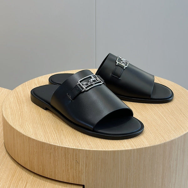 HM SILVER BUCKLE SLIPPERS BLACK CALFSKIN