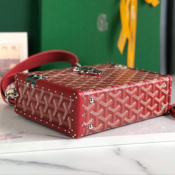 CASSETTE TRUNK BAG 21 IN BURGUNDY RED GOYARDINE CANVAS & CLAMECY COWHIDE