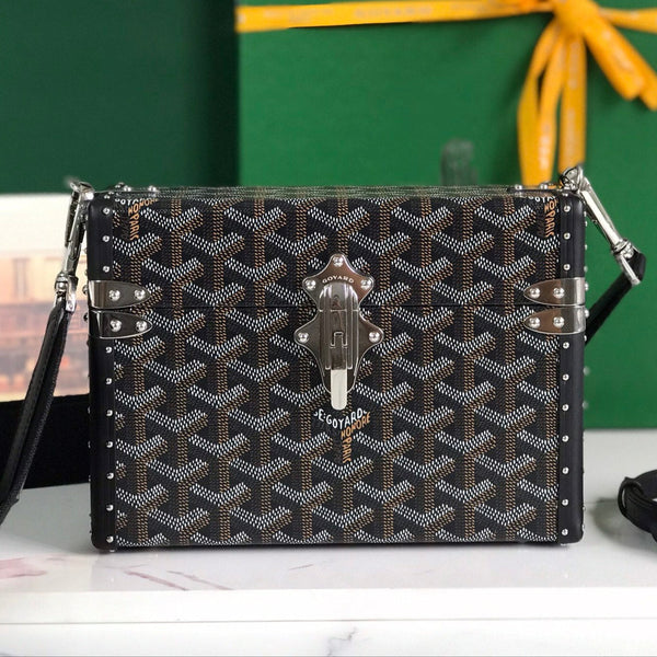 BORSA CASSETTE TRUNK 21 IN TELA GOYARDINE NERA E PELLE DI VACCA CLAMECY