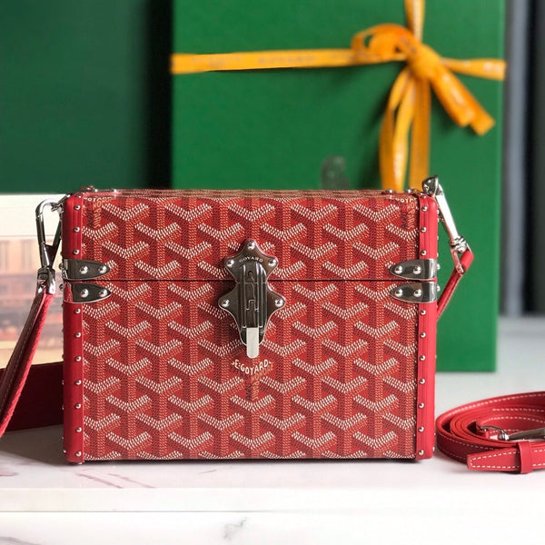 BORSA CASSETTE TRUNK 21 IN TELA GOYARDINE ROSSO BORDEAUX E PELLE DI VACCA CLAMECY