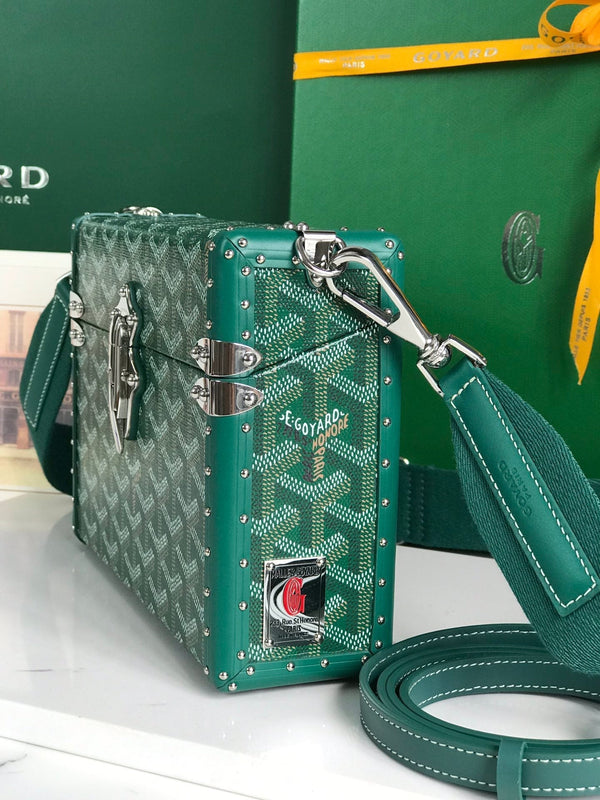 BORSA CASSETTE TRUNK 21 IN TELA GOYARDINE VERDE E PELLE DI VACCA CLAMECY