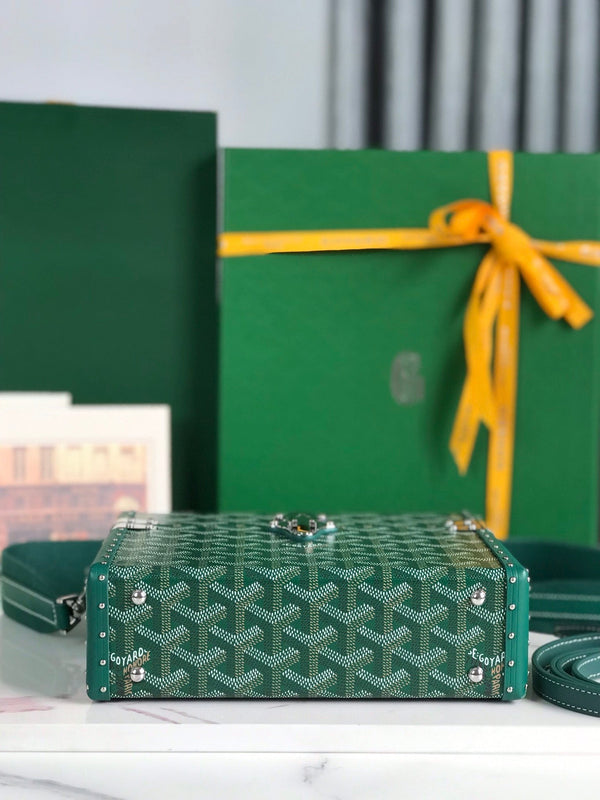 BORSA CASSETTE TRUNK 21 IN TELA GOYARDINE VERDE E PELLE DI VACCA CLAMECY