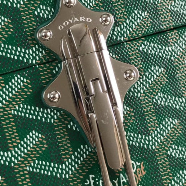 BORSA CASSETTE TRUNK 21 IN TELA GOYARDINE VERDE E PELLE DI VACCA CLAMECY