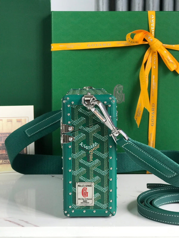 BORSA CASSETTE TRUNK 21 IN TELA GOYARDINE VERDE E PELLE DI VACCA CLAMECY