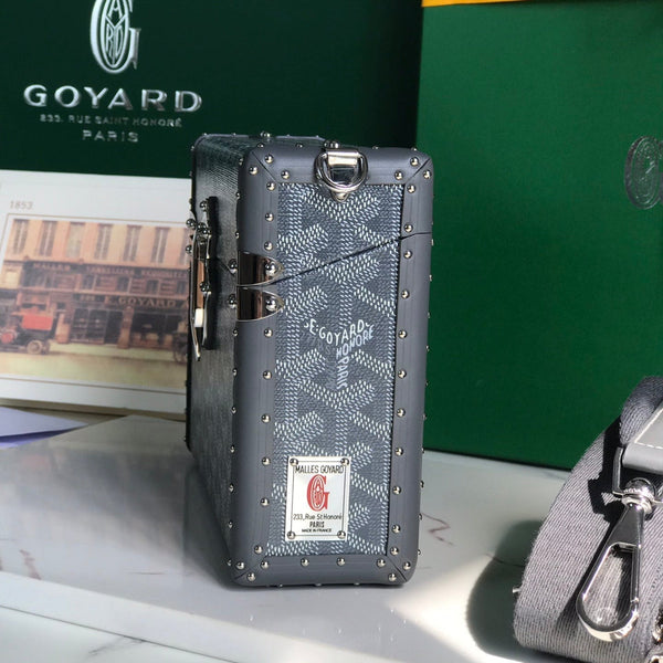 BORSA CASSETTE TRUNK 21 IN TELA GOYARDINE GRIGIA E PELLE DI VACCA CLAMECY