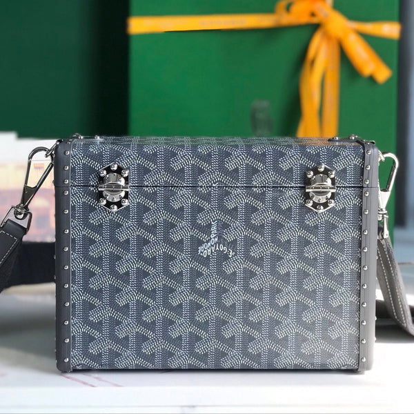 BORSA CASSETTE TRUNK 21 IN TELA GOYARDINE GRIGIA E PELLE DI VACCA CLAMECY