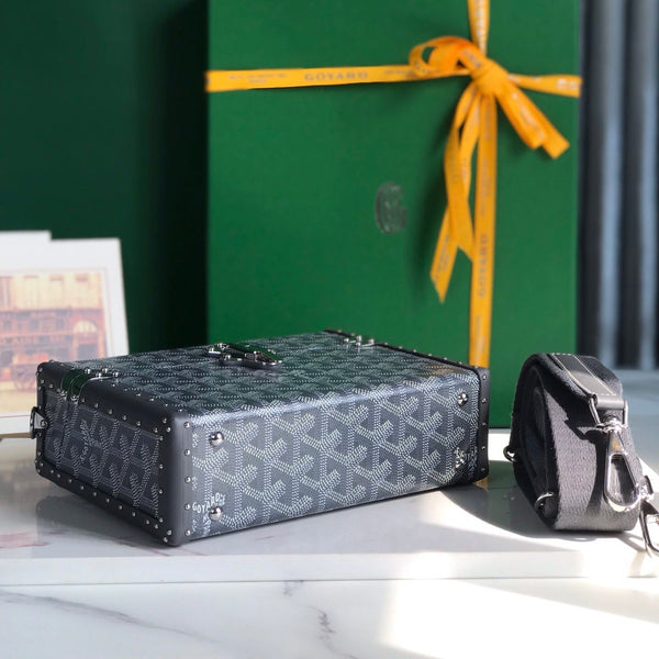 BORSA CASSETTE TRUNK 21 IN TELA GOYARDINE GRIGIA E PELLE DI VACCA CLAMECY