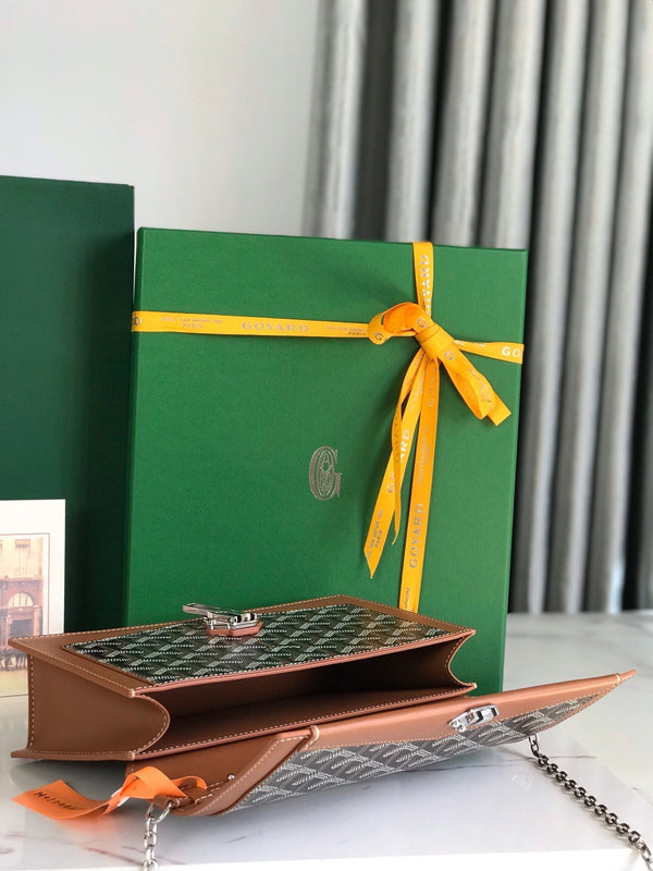 BORSA DUCHESSE MARIE-CAROLINE 25 IN TELA GOYARDINE NERA E PELLE DI VITELLO LISCIA COLOR TAN