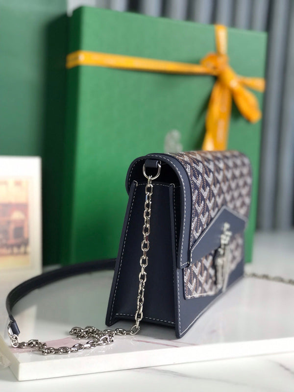 BORSA DUCHESSE MARIE-CAROLINE 25 IN TELA GOYARDINE BLU NAVY E PELLE DI VITELLO LISCIA