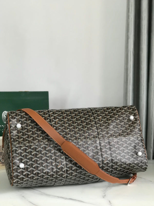 BOSTON 50 BAG IN BLACK GOYARDINE CANVAS AND TAN CALFSKIN TRIM