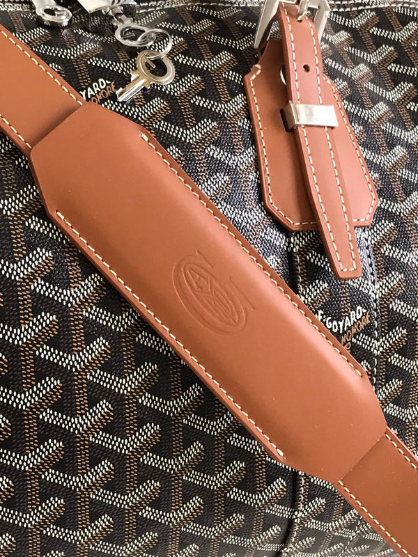 BOSTON 50 BAG IN BLACK GOYARDINE CANVAS AND TAN CALFSKIN TRIM