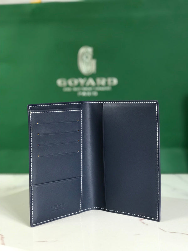 Goyard Grenelle Passport Cover 10cm Navy Blue Canvas & Cafskin