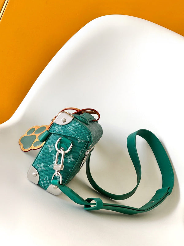 Borsa a mano LV Soul Trunk 19 cm Verde misto Tela Bianca Pelle 252098