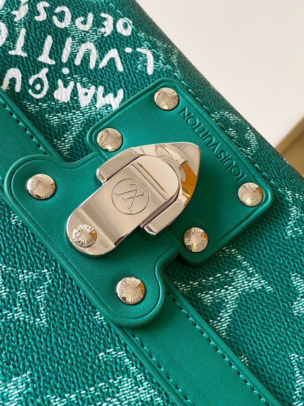 Borsa a mano LV Soul Trunk 19 cm Verde misto Tela Bianca Pelle 252098