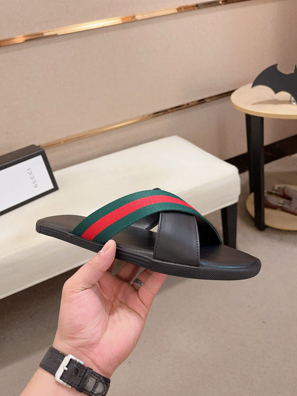 GG Men's Web Slide Black Green Cowhide 554606