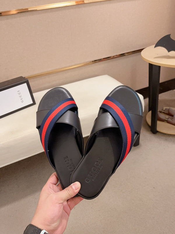 GG Men's Web Slide Black Blue Cowhide 554607