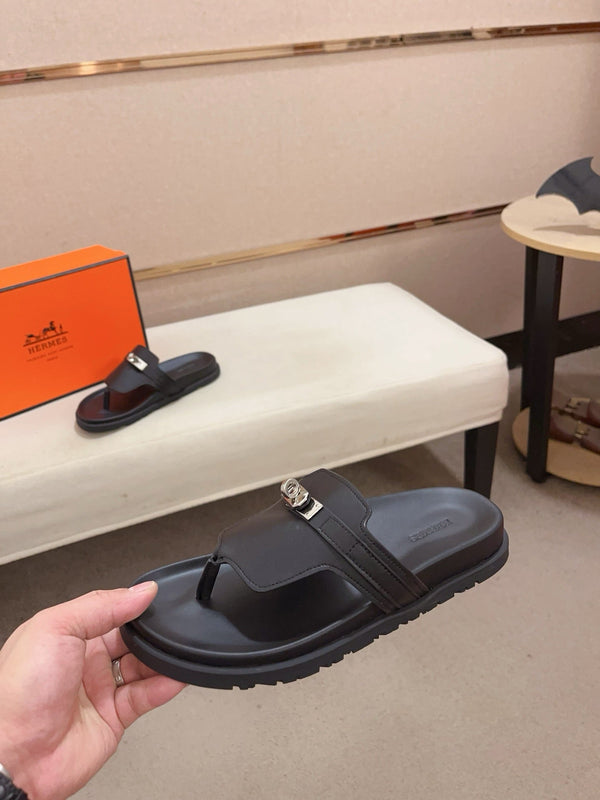 HM Men's Thong Sandals Black Cowhide 564392