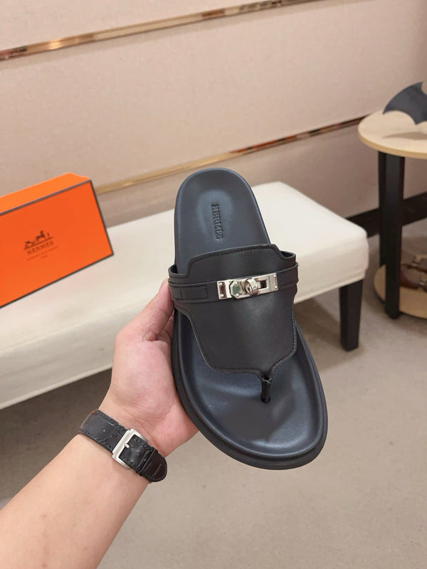 HM Men's Thong Sandals Black Cowhide 564392