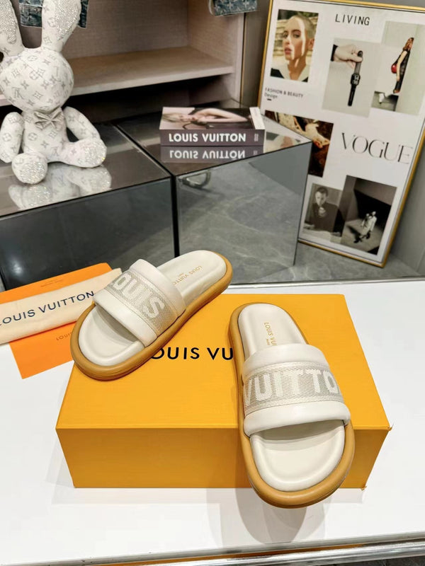 lv bliss flat mule cream canvas calfskin