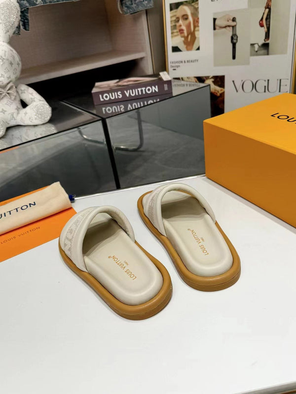 lv bliss flat mule cream canvas calfskin