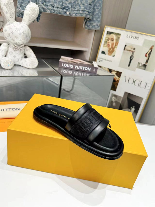 lv bliss flat mule black canvas calfskin