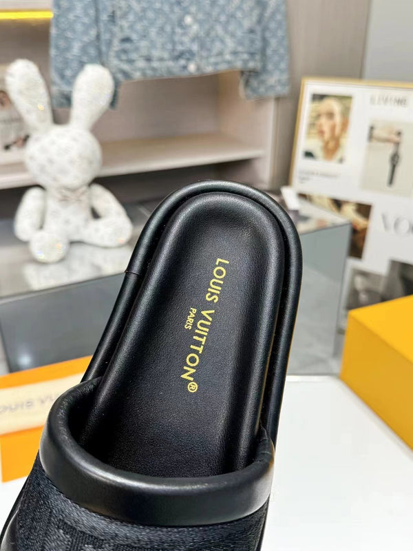 lv bliss flat mule black canvas calfskin