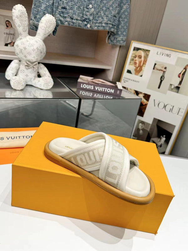 lv bliss corss sandal mule cream textile calfskin