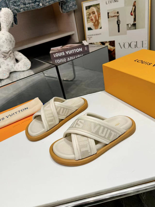 lv bliss corss sandal mule cream textile calfskin