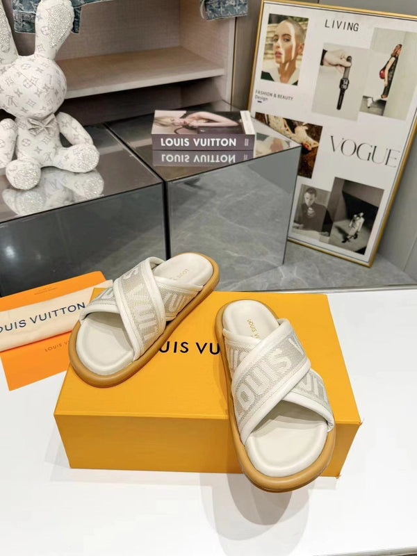 lv bliss corss sandal mule cream textile calfskin