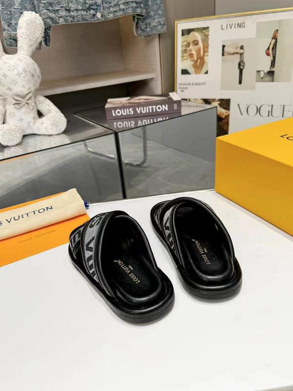 lv bliss cross sandal mule black textile calfskin