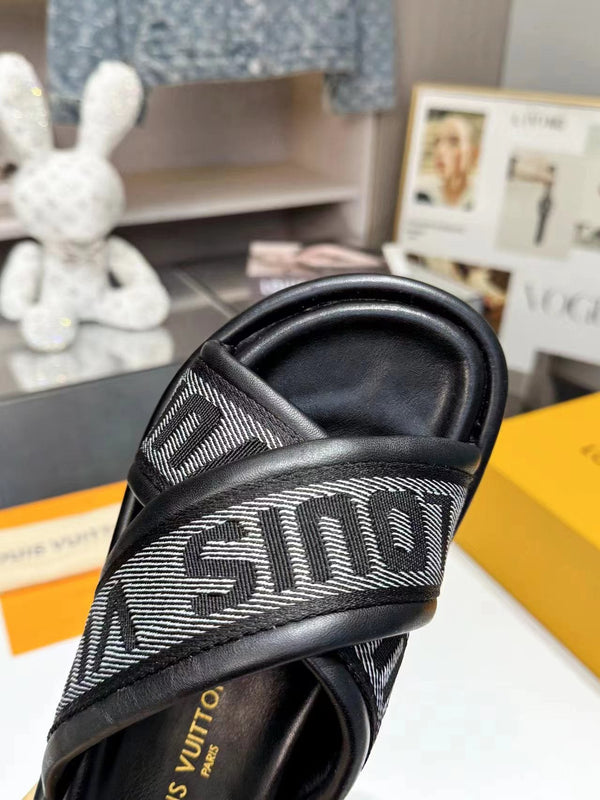 lv bliss cross sandal mule black textile calfskin