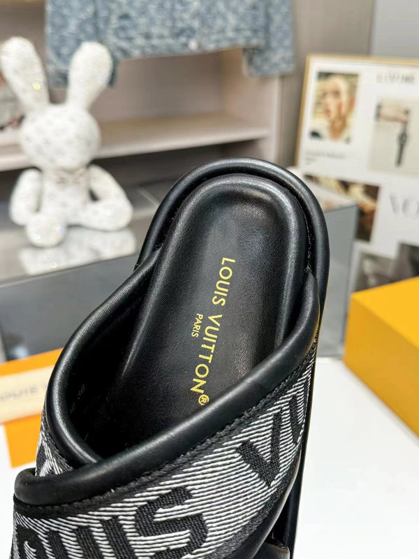 lv bliss cross sandal mule black textile calfskin