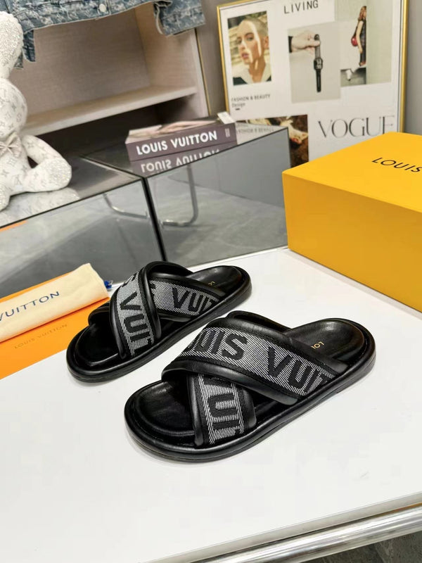 lv bliss cross sandal mule black textile calfskin