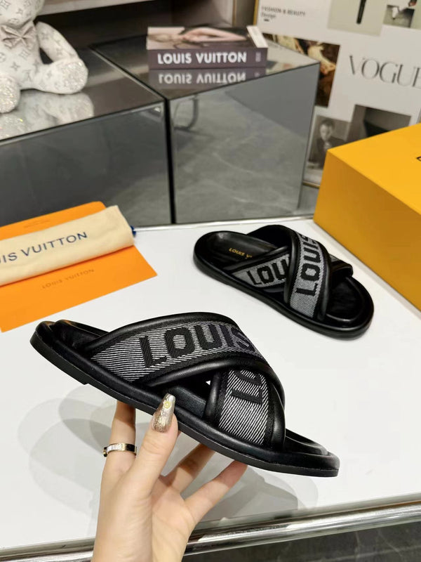 lv bliss cross sandal mule black textile calfskin