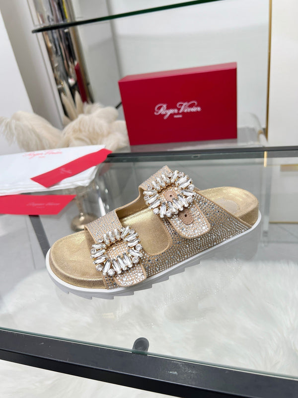 Viv 25 Slidy Diamond Slippers Gold PVC Silk Cowhide 259286