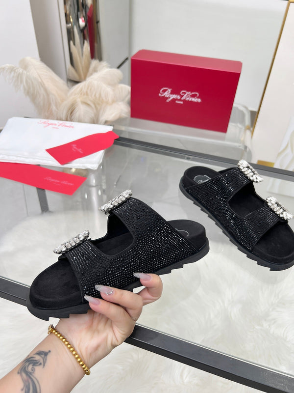 Viv 25 Slidy Diamond Slippers Black PVC Silk Cowhide 259287