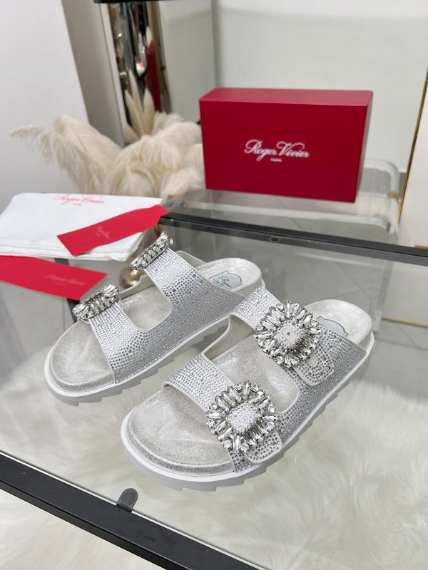 Viv 25 Slidy Diamond Slippers Silver PVC Silk Cowhide 259288