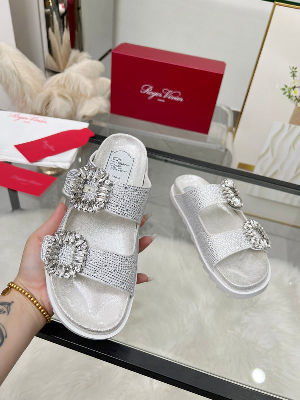 Viv 25 Slidy Diamond Slippers Silver PVC Silk Cowhide 259288