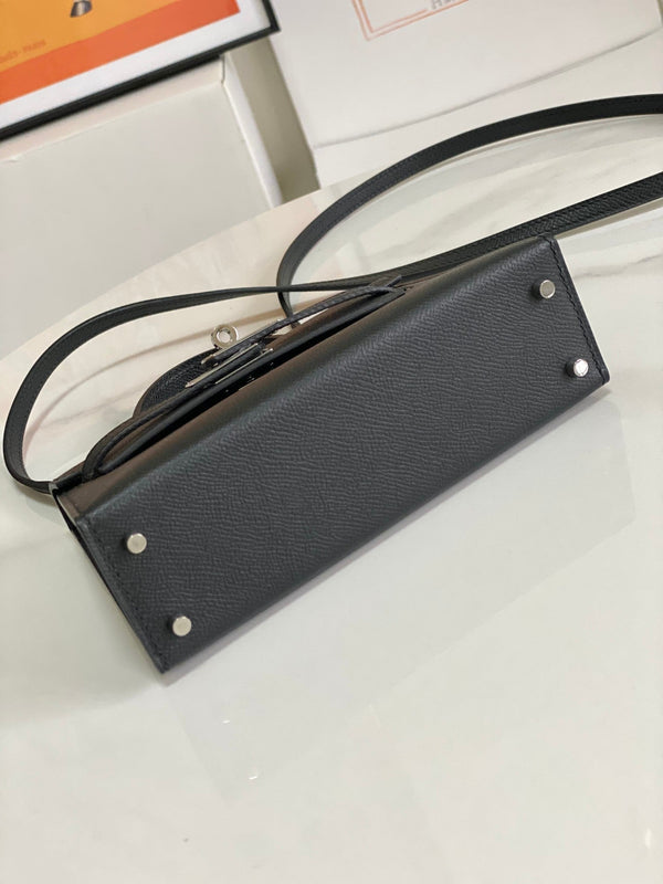 HM Mini Kelly 19cm Black Epsom Silver Hardware