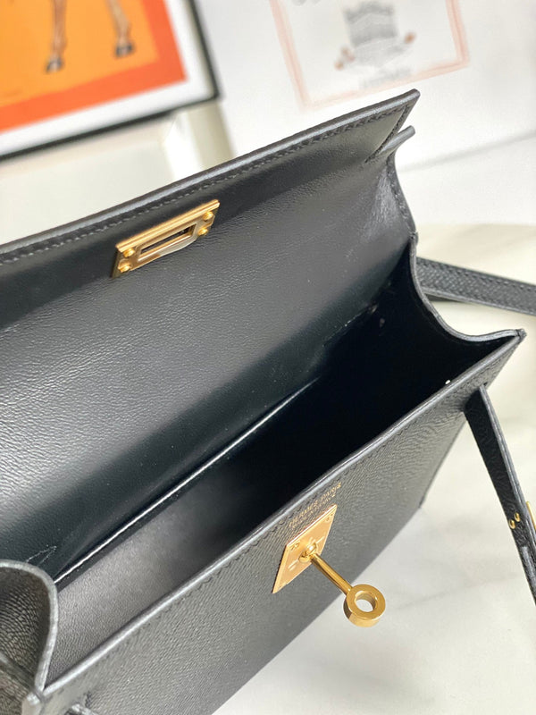 HM Mini Kelly 19cm Black Epsom Gold Hardware