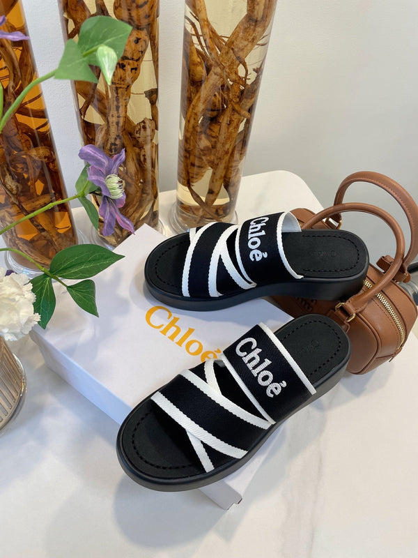 CHLOÉ WOODY WEDGE SANDALS IN BLACK MIX WHITE CANVAS WITH RUBBER SOLE