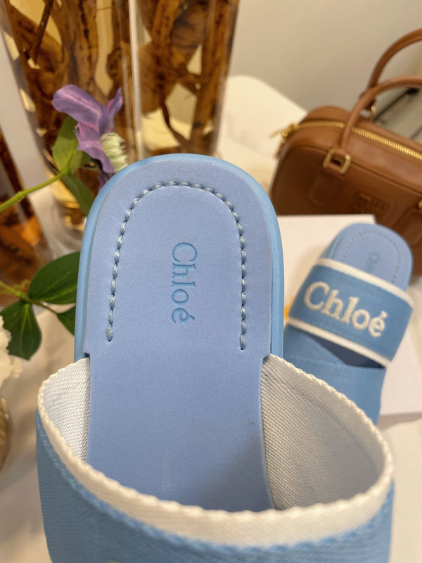 CHLOÉ WOODY WEDGE SANDALS IN CERULEAN BLUE CANVAS WITH RUBBER SOLE