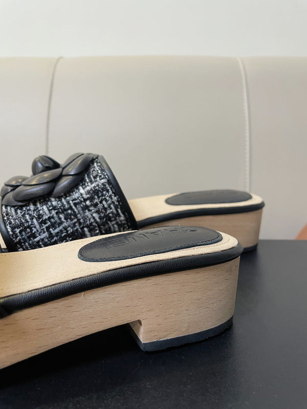 sandalo mule cc 45 tessuto bianco nero pelle di vitello beige