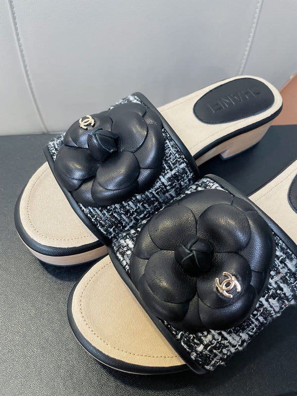 sandalo mule cc 45 tessuto bianco nero pelle di vitello beige