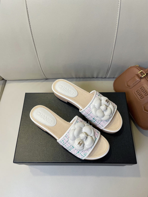 cc mule sandal 45 pink blue fabric beige calfskin