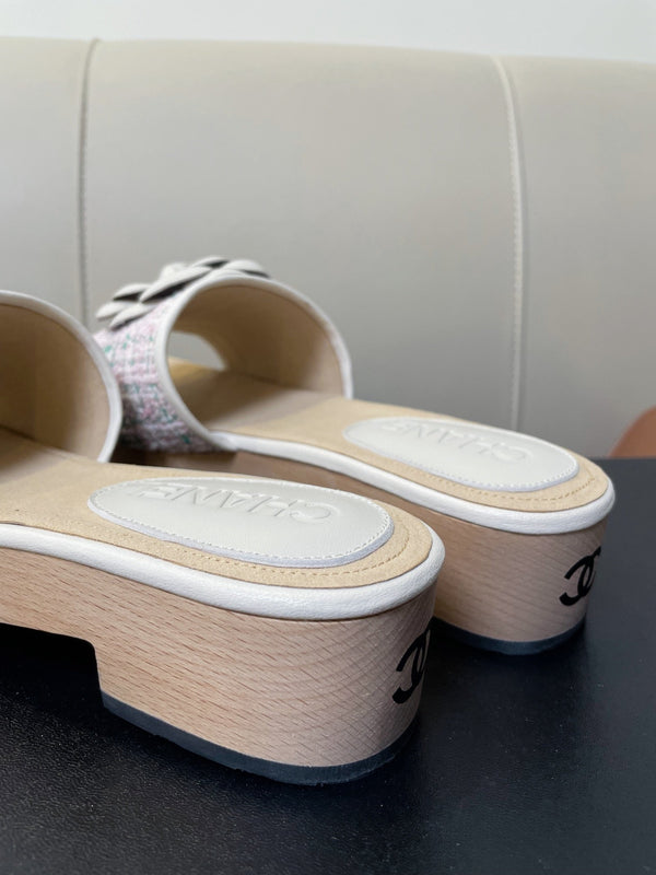 cc mule sandal 45 pink blue fabric beige calfskin