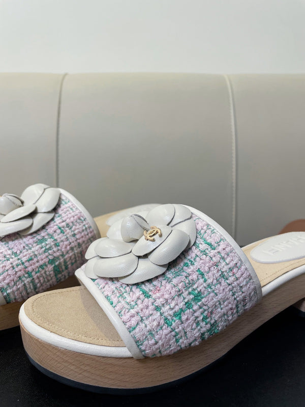 cc mule sandal 45 pink blue fabric beige calfskin